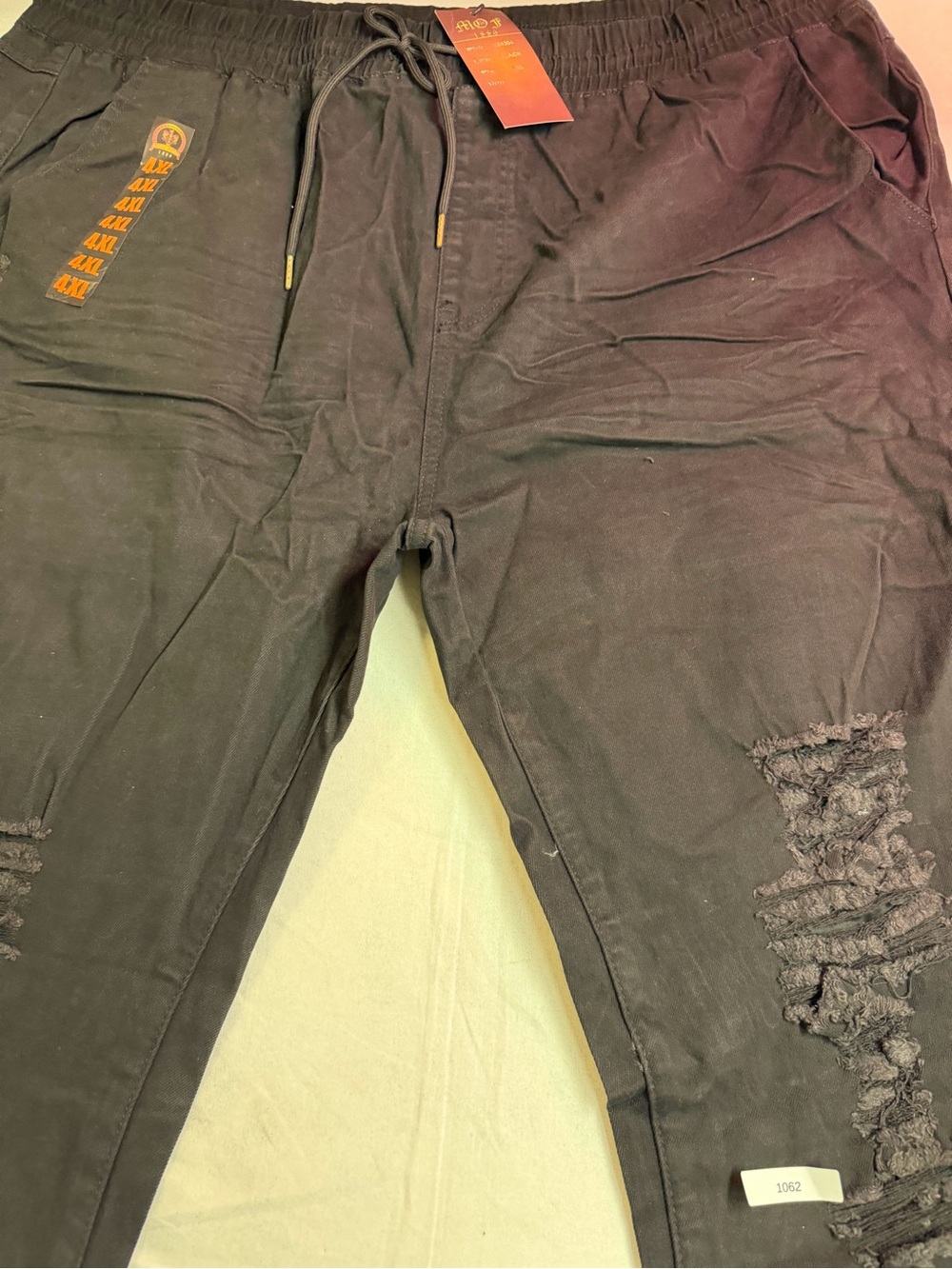 Men's Black Distressed Jogger Pants with Drawstring